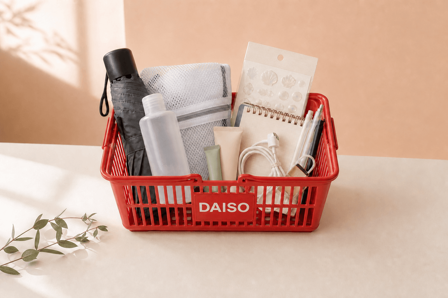 A red shopping basket filled with unbranded travel essentials, stationery and small skincare items on a warm peach and ivory set