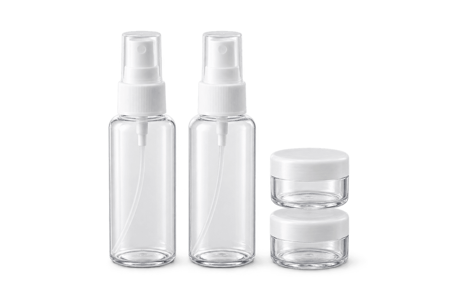 Clear travel spray bottles and jars