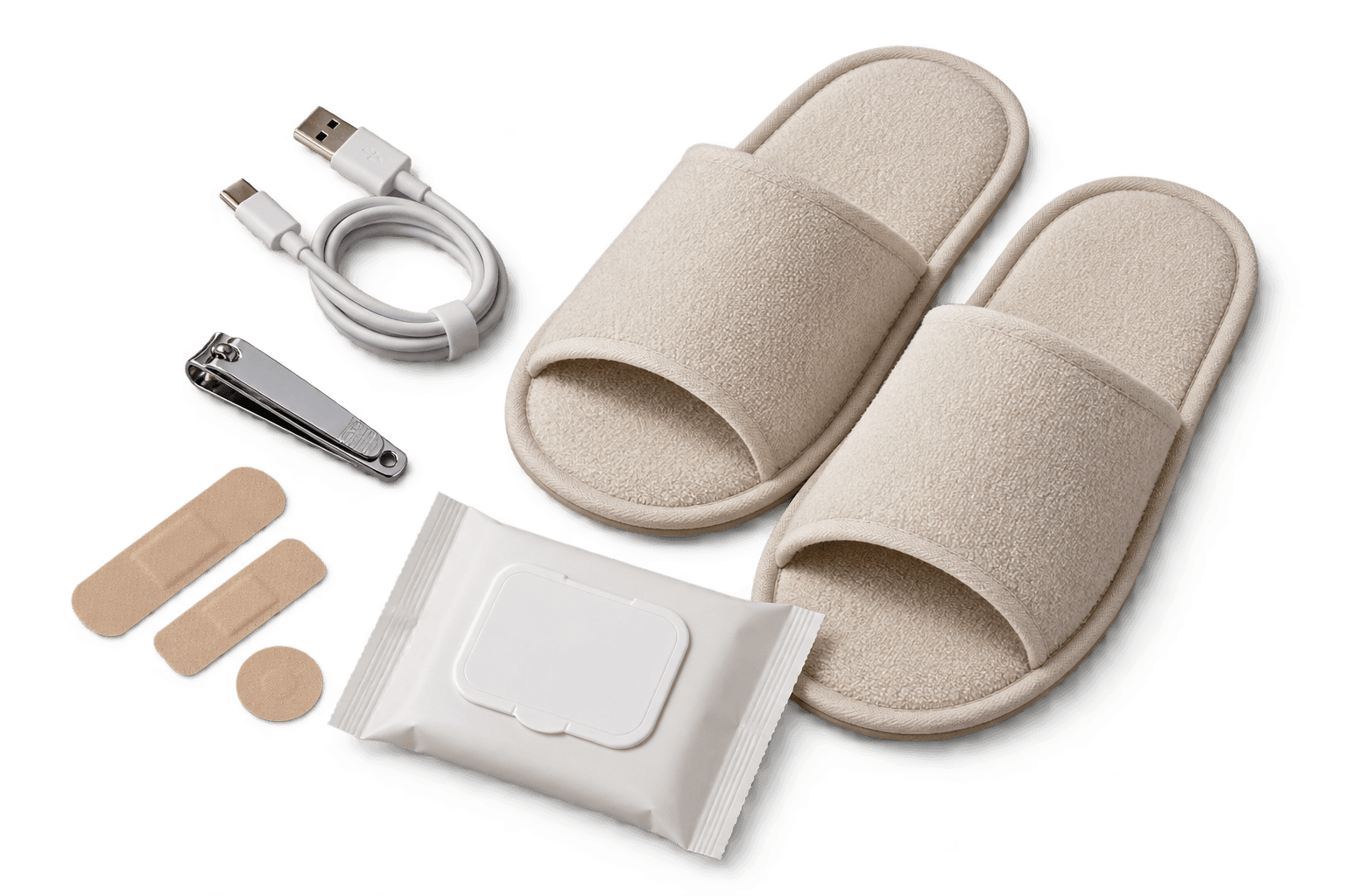 Everyday travel essentials including a cable, slippers and bandages