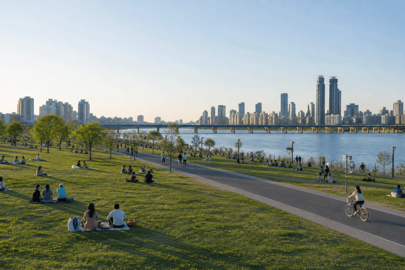 People picnicking and cycling in a broad Han River park on a clear afternoon