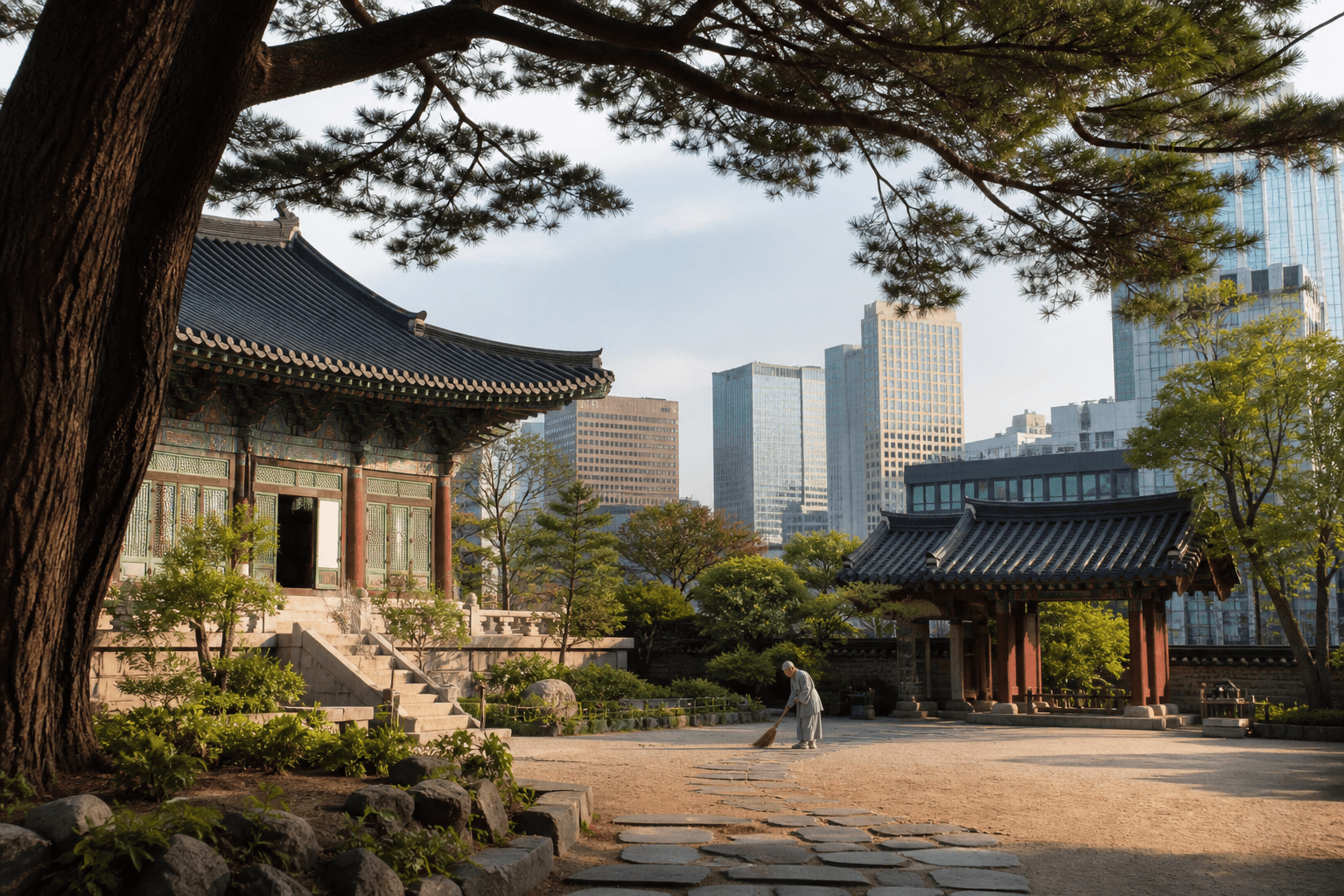 A monk sweeping a peaceful Seoul temple courtyard beneath old pine trees