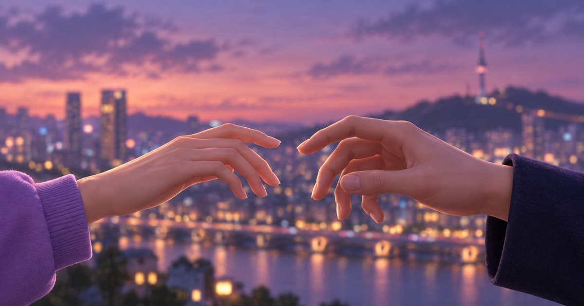 Two hands reaching toward each other, fingertips almost touching, against a softly lit Seoul skyline at dusk.
