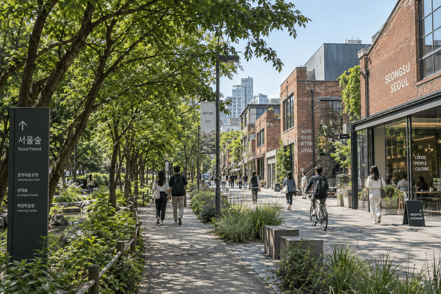 A Seongsu street where a modern glass flagship meets older brick shops and local eateries