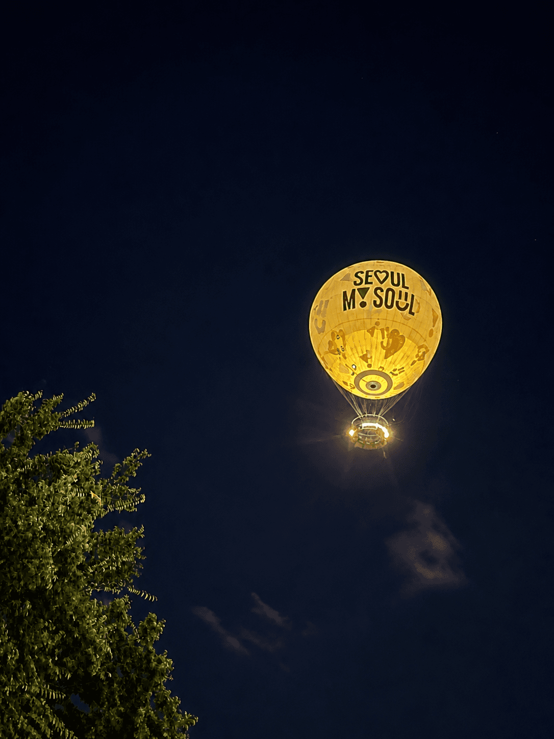 A Seoul hot-air balloon glowing in the night sky