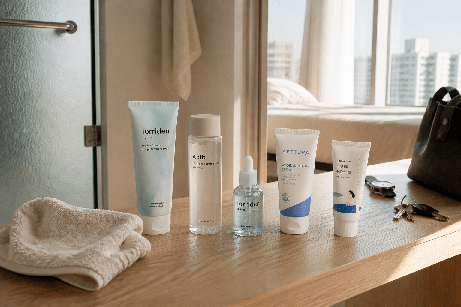 Woman applying a serum drop in front of a mirror during a morning skincare routine