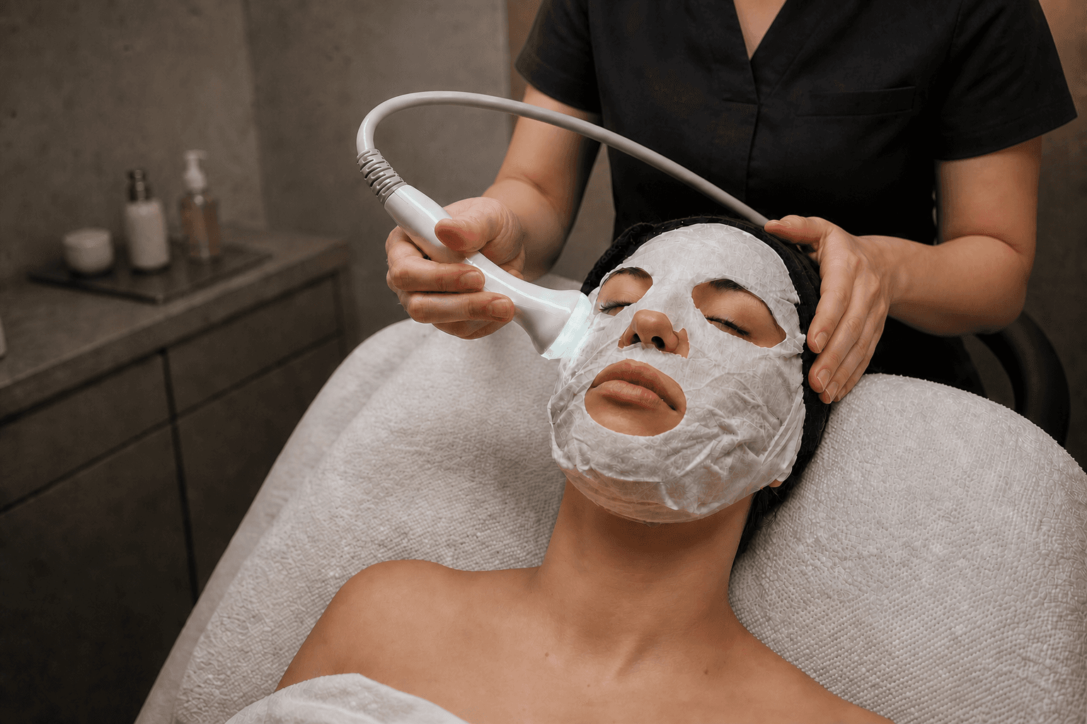 Professional skin treatment with blue light over a calming sheet mask
