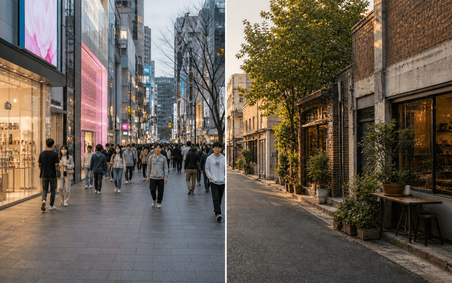 Split Seoul street scene comparing Myeongdong beauty shops with Seongsu storefronts