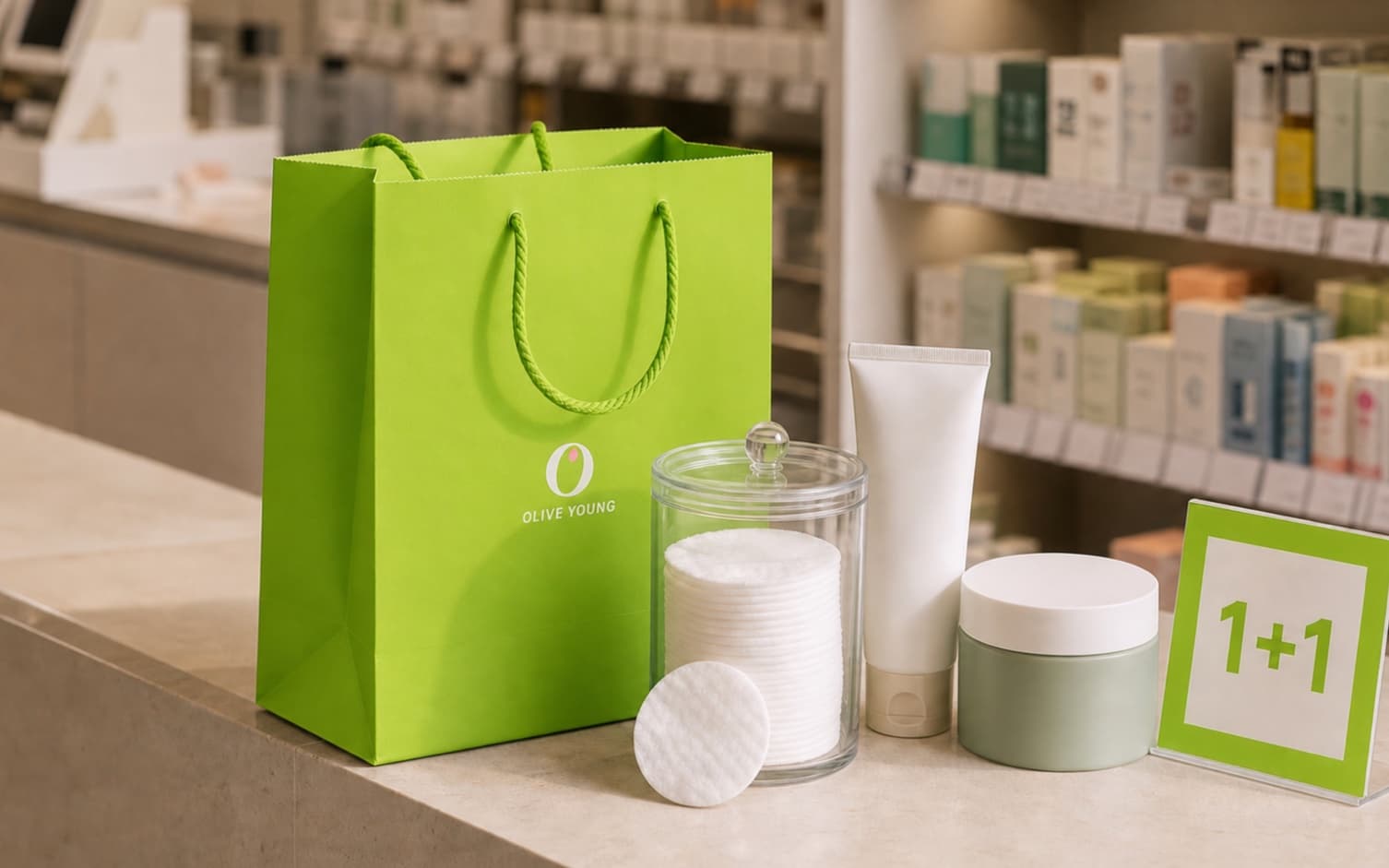 Olive Young shopping bag beside cotton pads, skincare, and a 1+1 offer sign