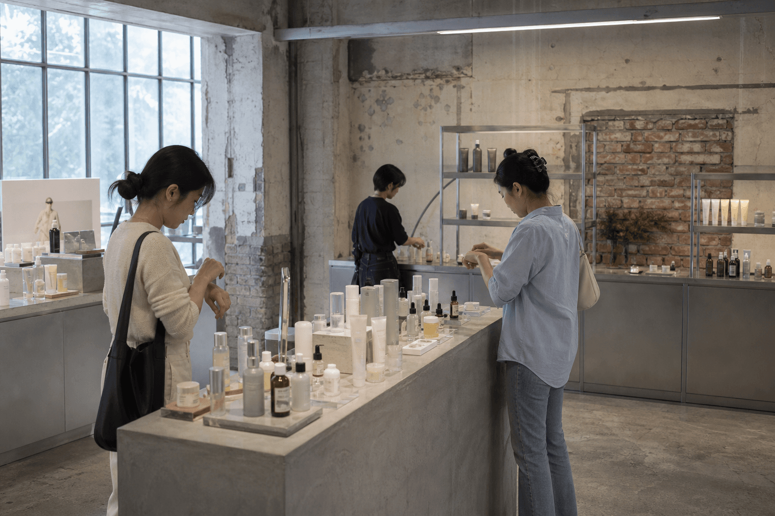 Shoppers testing skincare inside an industrial-style beauty flagship in Seongsu