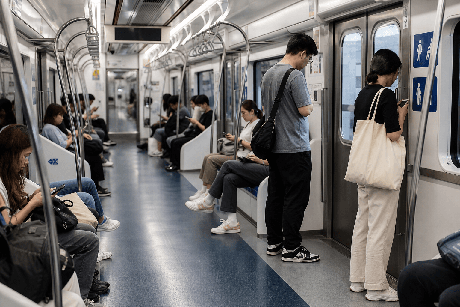 Passengers leaving priority seats open inside a quiet Seoul subway carriage