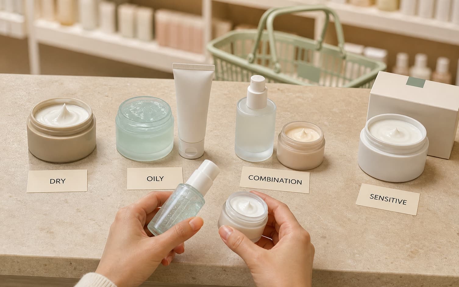 Hands comparing gel and cream skincare beside products organized for dry, oily, combination, and sensitive skin