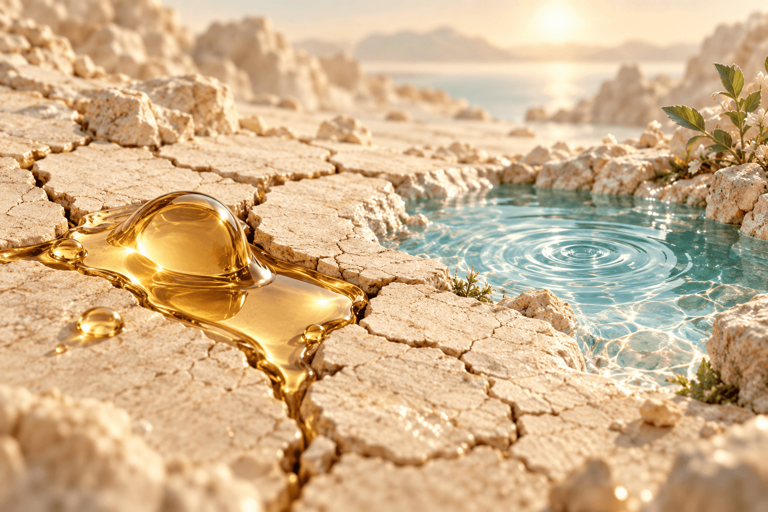 Golden facial oil and a clear blue oasis meeting across a pale cracked desert landscape