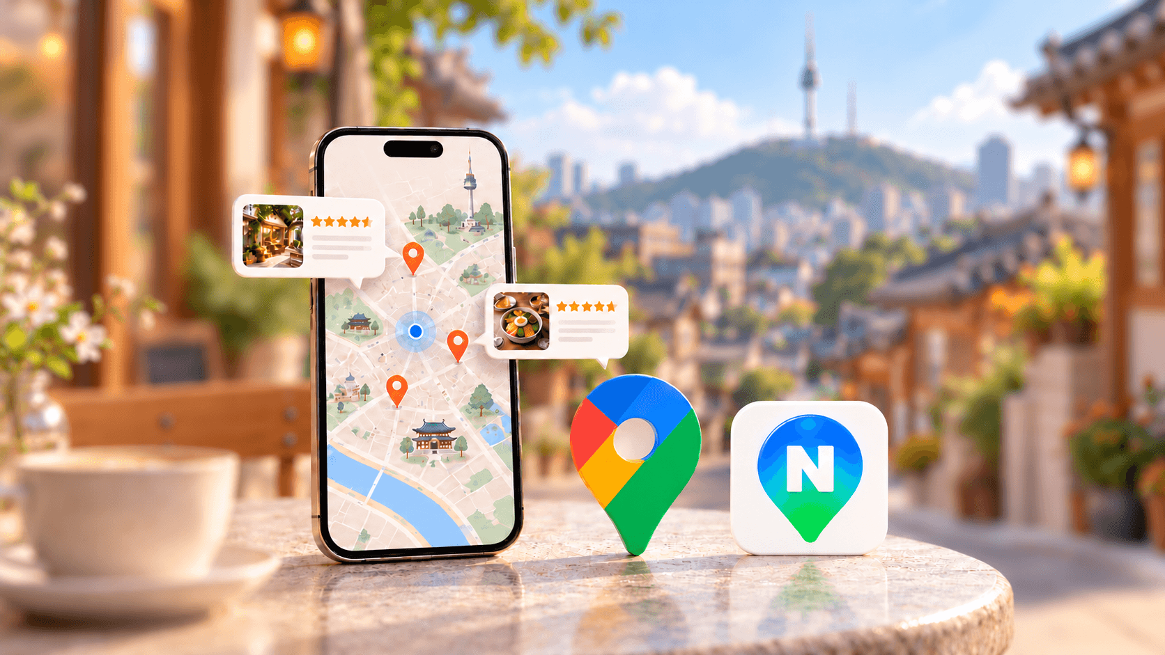 A phone showing a map and review cards beside Google Maps and Naver Map icons, with a softly blurred Seoul cafe and hanok street behind them