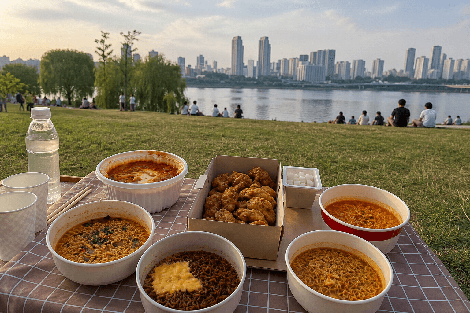 Korean fried chicken and bowls of ramyeon arranged for a picnic beside the Han River