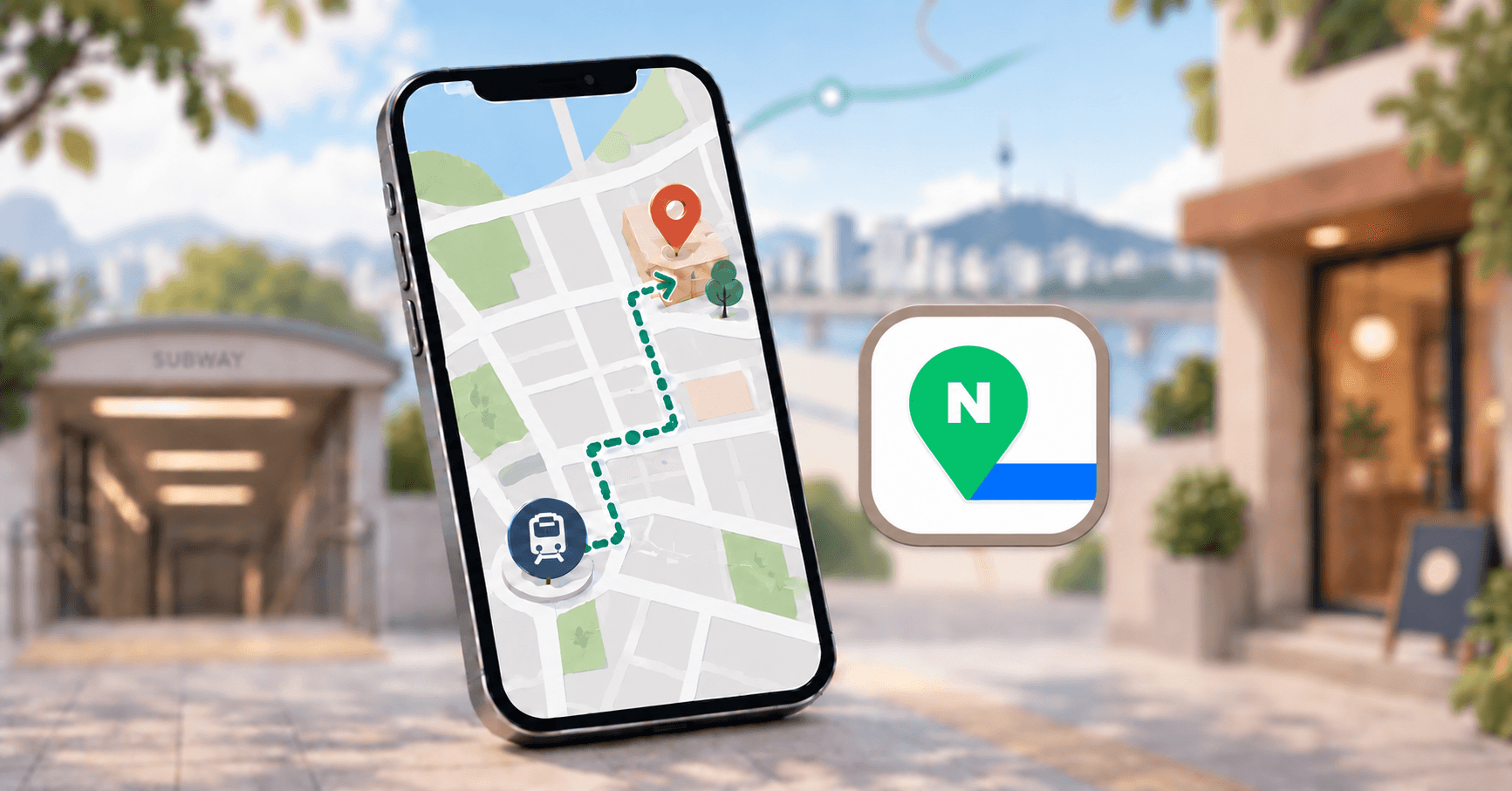 Editorial illustration of a smartphone route connecting a Seoul subway station to a nearby building entrance