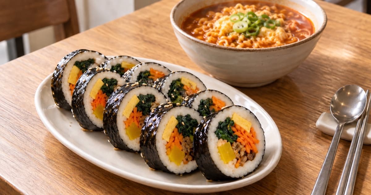Sliced gimbap on an ivory plate beside a bowl of ramyeon with egg and green onion