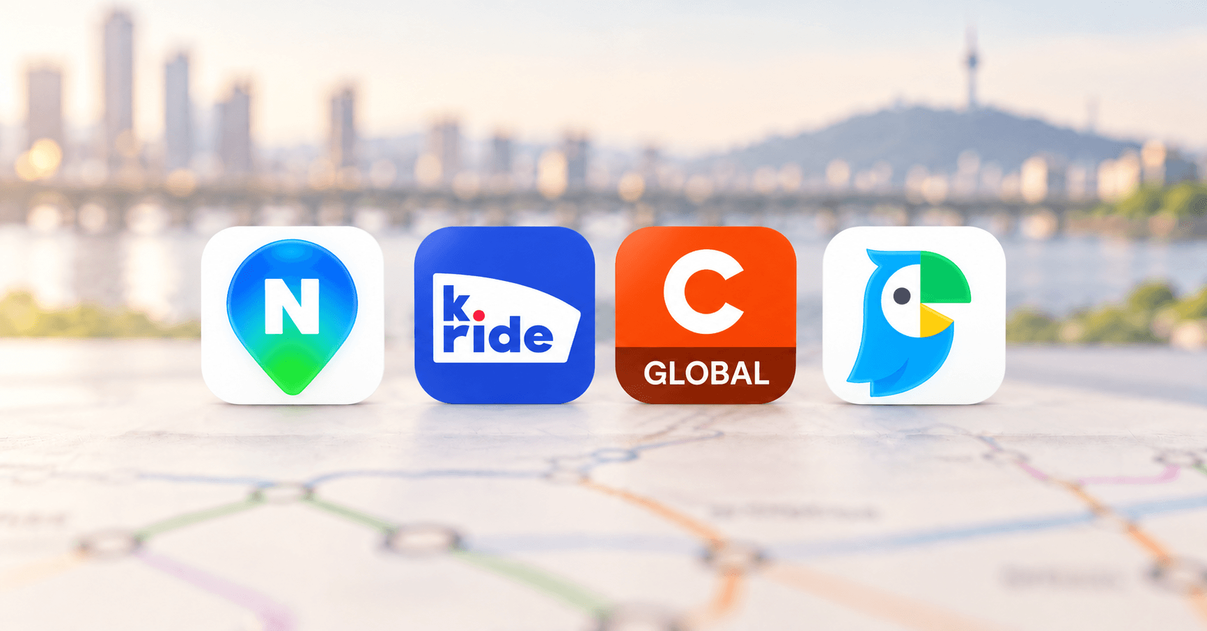 Editorial illustration of a smartphone over a Seoul transit map surrounded by icons for maps, taxis, restaurant bookings, translation, and saved places
