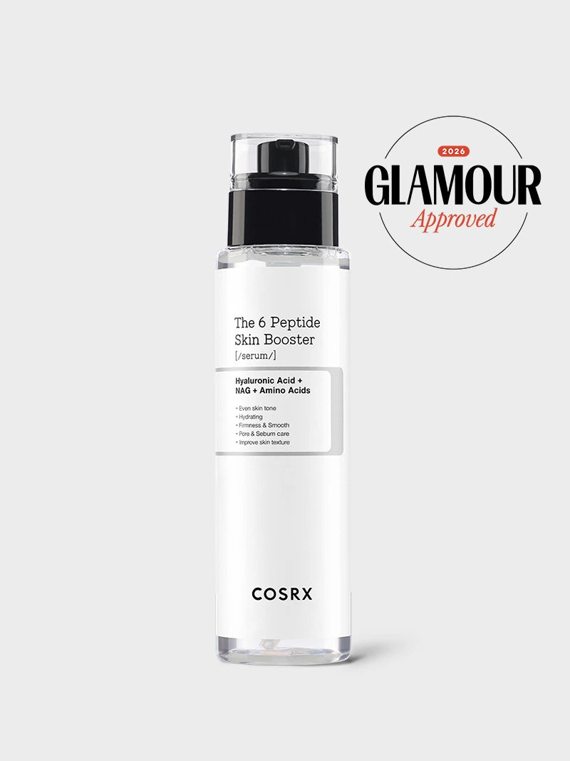 COSRX The 6 Peptide Skin Booster Serum in its tall clear pump bottle