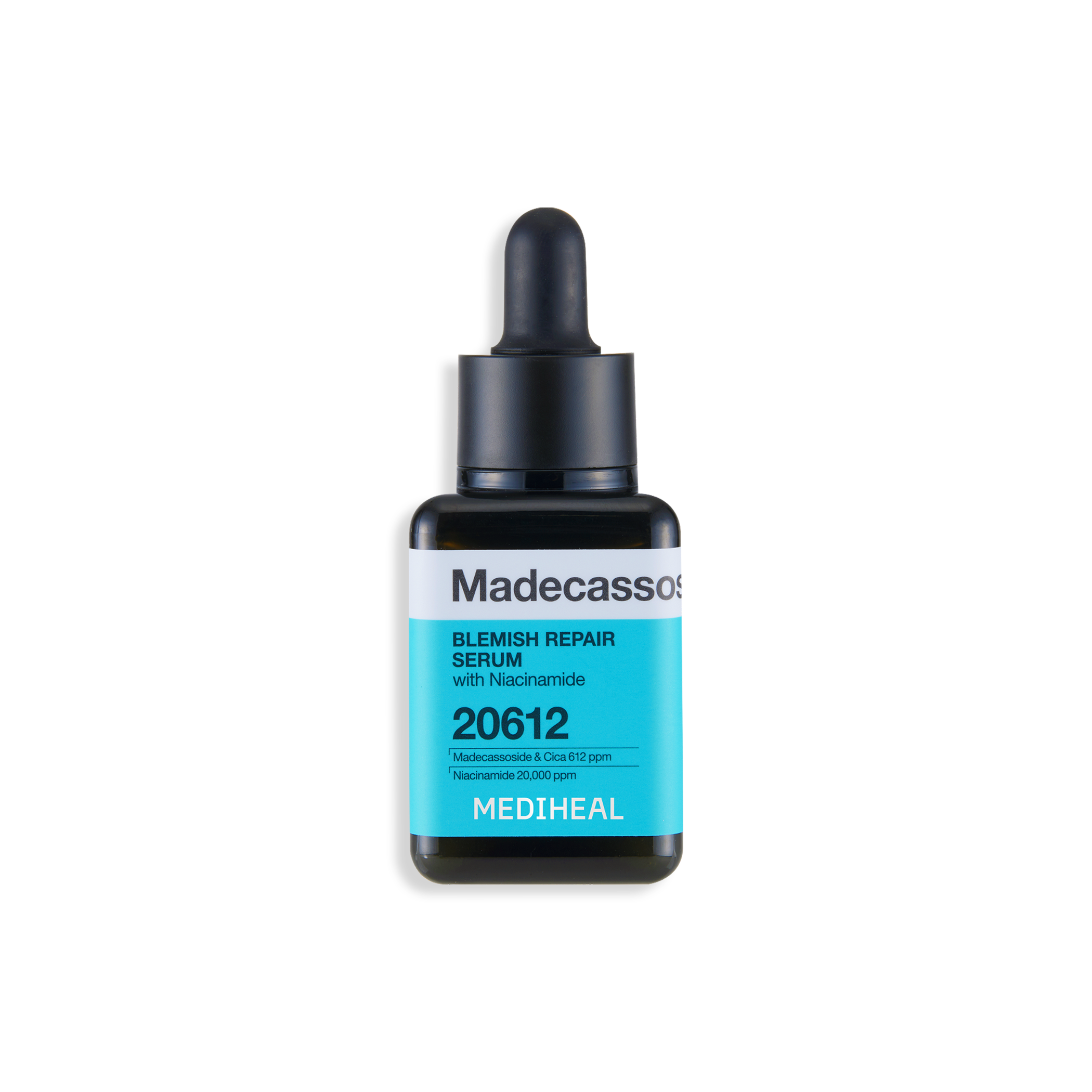 Mediheal Madecassoside Blemish Repair Serum in its dark dropper bottle with a blue label